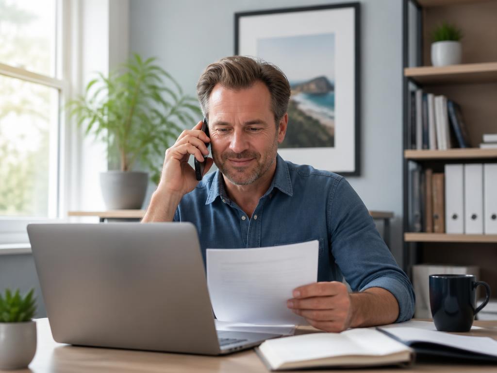 A landlord reviewing lease paperwork on a laptop