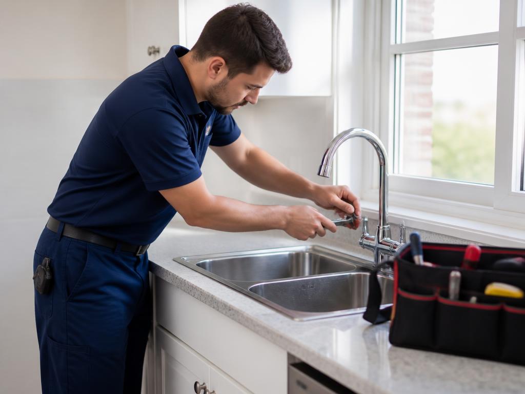 A maintenance technician repairing a kitchen faucet in a rental unit