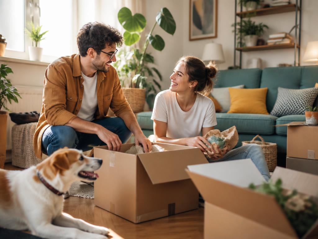 Tenants settling into a sunlit apartment living room